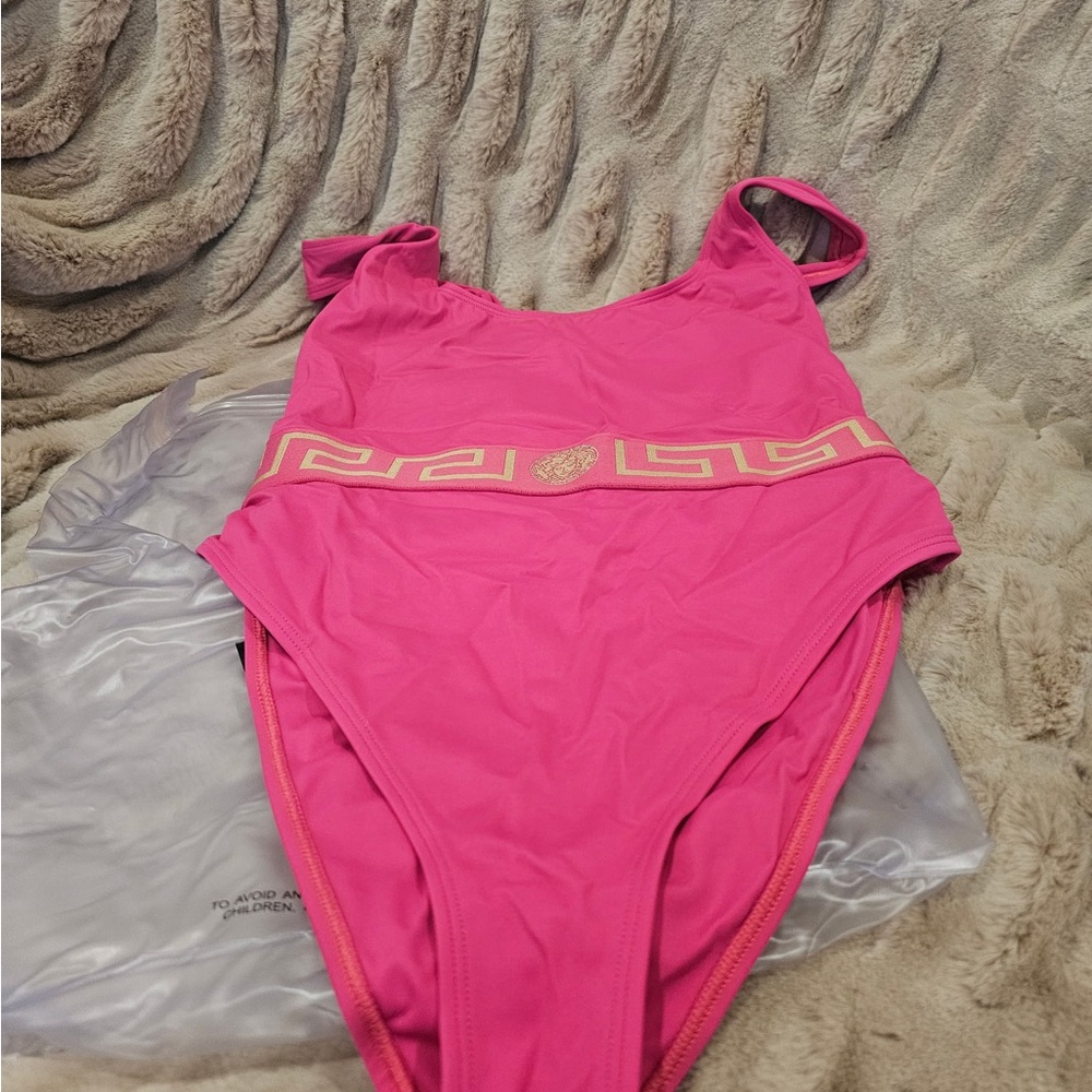 Womens Hot Pink Versace One-Piece Swimsuit with Gold Accent